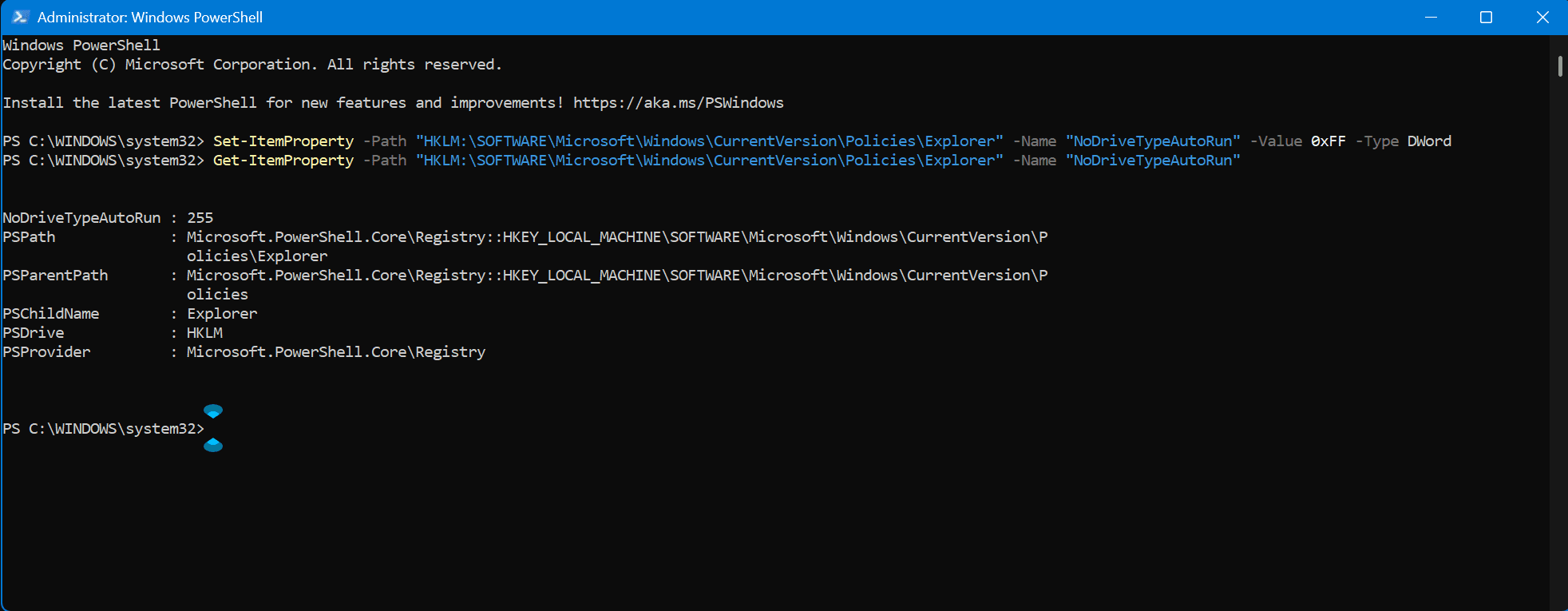 Disabling AutoPlay via PowerShell